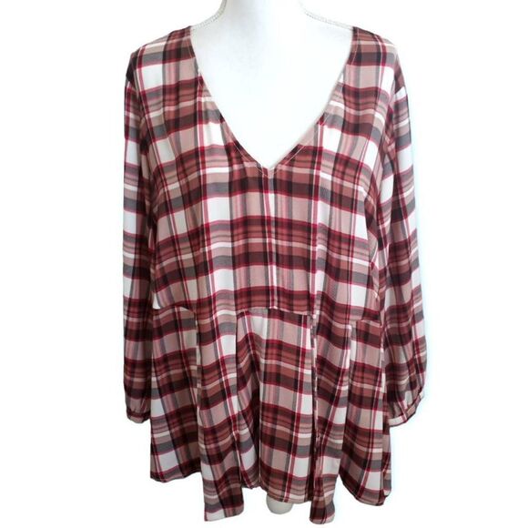 TORRID RED PLAID GEORGETTE TIE FRONT BLOUSE SZ.4X LONG SLEEVE EUC - Picture 1 of 7